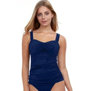 NWT Profile by Gottex Tutti Frutti D-Cup Shirred Underwire Tankini Top Navy Blue
